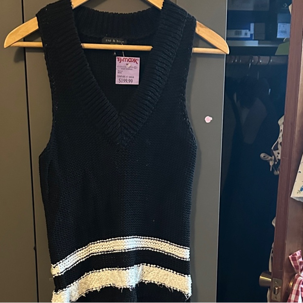 rag & bone Black V-Neck Sweater with White Stripes